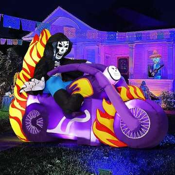 GOOSH 6 FT Halloween Inflatable Reaper Motorcycle Outdoor Decorations Blow Up Yard Grim Reaper Motorbike with Built-in LEDs for Outdoor Garden Lawn Party Decor