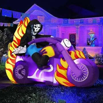 GOOSH 6 FT Halloween Inflatable Reaper Motorcycle Outdoor Decorations Blow Up Yard Grim Reaper Motorbike with Built-in LEDs for Outdoor Garden Lawn Party Decor