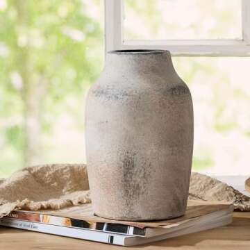 SIDUCAL Ceramic Rustic Farmhouse Vase | 7.2 Inch Pottery Decorative Flower Vase for Home Decor | Whitewashed Terracotta Boho Vase for Table, Living Room, Bathroom Decoration, Shelf Decor, Mantel