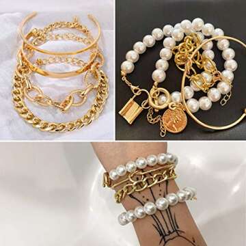 17IF 25 PCS(6 Pack) Dainty Boho Gold Chain Bracelets Set for Women Stackable Chunky Multipack Layered Bangles Adjustable Flat Cuff Cuban Punk Charm Bracelet Bundle Jewelry