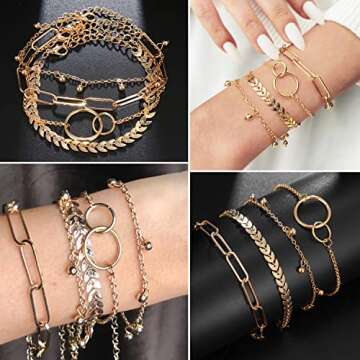 17IF 25 PCS(6 Pack) Dainty Boho Gold Chain Bracelets Set for Women Stackable Chunky Multipack Layered Bangles Adjustable Flat Cuff Cuban Punk Charm Bracelet Bundle Jewelry