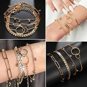 17IF 25 PCS(6 Pack) Dainty Boho Gold Chain Bracelets Set for Women Stackable Chunky Multipack Layered Bangles Adjustable Flat Cuff Cuban Punk Charm Bracelet Bundle Jewelry