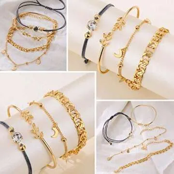 17IF 25 PCS(6 Pack) Dainty Boho Gold Chain Bracelets Set for Women Stackable Chunky Multipack Layered Bangles Adjustable Flat Cuff Cuban Punk Charm Bracelet Bundle Jewelry