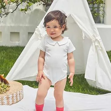 pureborn Baby Boys Girls Bodysuits Unisex Short Sleeve Peter Pan Collar Summer Cotton Romper White 3-6 Months