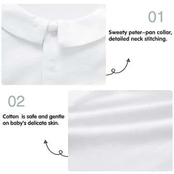 pureborn Baby Boys Girls Bodysuits Unisex Short Sleeve Peter Pan Collar Summer Cotton Romper White 3-6 Months