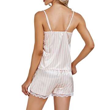 LYANER Women's Satin Silky Pajamas Set Striped Sleepwear Lace Trim Cami Shorts Lounge Sleepwear PJs ...