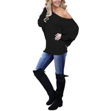 INFITTY Women's Off Shoulder Tops Casual Loose Batwing Sleeve Shirts Tunic Knit Oversized Pullover S...