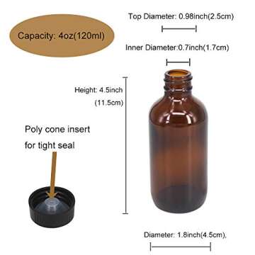 BPFY 24 Pack 4 oz Amber Boston Glass Bottle with Black Poly Cap, Funnel, Chalk Labels, Pen for Homem...