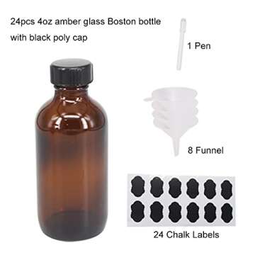 BPFY 24 Pack 4 oz Amber Boston Glass Bottle with Black Poly Cap, Funnel, Chalk Labels, Pen for Homemade Vanilla Extract, Essential Oils, Wedding, Christmas, Holiday Gift