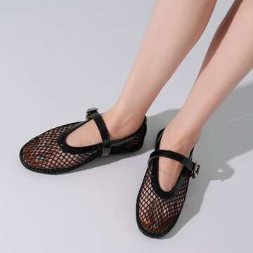 Kitulandy Women Mesh Ballet Flats Comfortable Round Toe Mary Jane Casual Ballerina Shoes Black, 8
