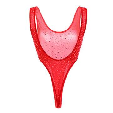 IBAKOM Women Sheer Mesh Bodysuit Sparkle Rhinestone Sleeveless High Cut Teddy Fishnet Thong Leotard Top Stage Costume Clubwear Red One Size