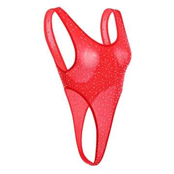 IBAKOM Women Sheer Mesh Bodysuit Sparkle Rhinestone Sleeveless High Cut Teddy Fishnet Thong Leotard Top Stage Costume Clubwear Red One Size