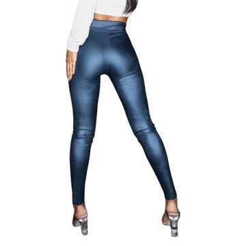 MakeMeChic Women's Metallic Faux Leather High Waisted Zipper Front Skinny Pants Leggings Blue S