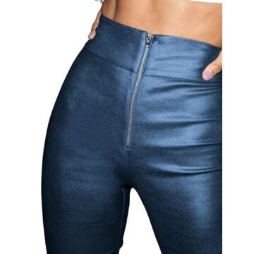 MakeMeChic Women's Metallic Faux Leather High Waisted Zipper Front Skinny Pants Leggings Blue S