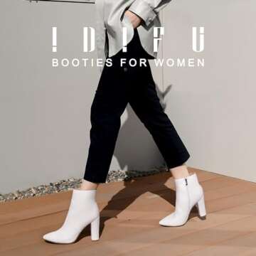 IDIFU Women's Dress Pointed Toe Short Boots Chunky High Heels Side Zipper Ankle Booties (White Pu, 5)