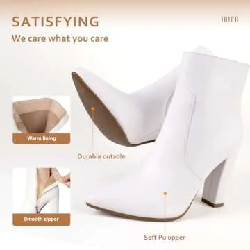IDIFU Women's Dress Pointed Toe Short Boots Chunky High Heels Side Zipper Ankle Booties (White Pu, 5)