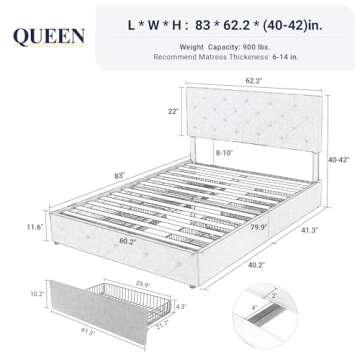 Allewie Upholstered Queen Size Platform Bed Frame with 4 Storage Drawers and Headboard, Diamond Stit...