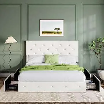 Allewie Upholstered Queen Size Platform Bed Frame with 4 Storage Drawers and Headboard, Diamond Stitched Button Tufted, Mattress Foundation with Wooden Slats Support, No Box Spring Needed, White