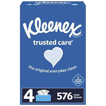 Kleenex Trusted Care Everyday Facial Tissues, 4 Rectangular Boxes, 576 Tissues Total