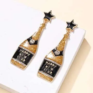 Champagne Bottle Earrings for Women Glitter Happy New Year Drop Earrings Statement New Year Festive ...