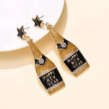 Champagne Bottle Earrings for Women Glitter Happy New Year Drop Earrings Statement New Year Festive Christmas Jewelry Holiday Gifts Type A