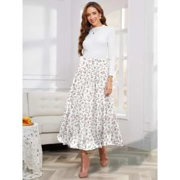 NASHALYLY Women's Chiffon Elastic High Waist Pleated A-Line Flared Maxi Skirts(Shiny Floral,XL)