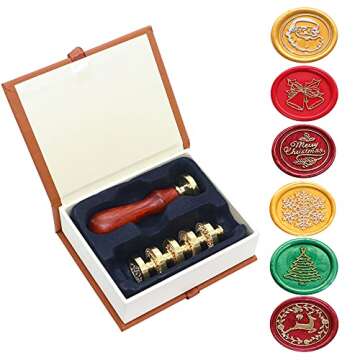 SWANGSA Wax Seal Stamp Set, Vintage 6 Pieces Christmas Sealing Wax Stamp Heads + 1 Wooden Handle Sea...
