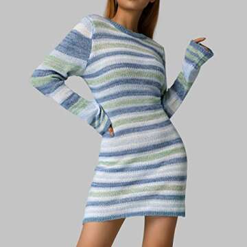 Fabumily Women Crochet Knit Mini Dress Long Sleeve Colorful Mesh Cover Ups Casual Sweater Dress Summ...