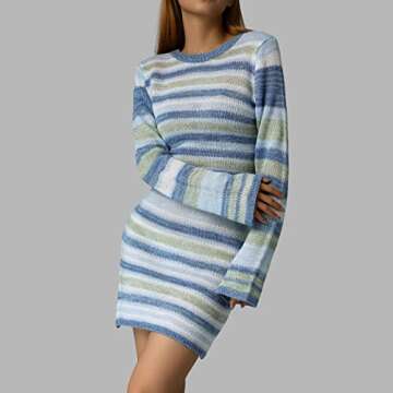 Fabumily Women Crochet Knit Mini Dress Long Sleeve Colorful Mesh Cover Ups Casual Sweater Dress Summer Beach Wear (E- Backless Blue, L)