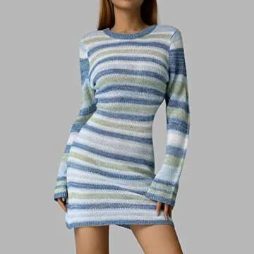 Fabumily Women Crochet Knit Mini Dress Long Sleeve Colorful Mesh Cover Ups Casual Sweater Dress Summer Beach Wear (E- Backless Blue, L)