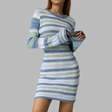Fabumily Women Crochet Knit Mini Dress Long Sleeve Colorful Mesh Cover Ups Casual Sweater Dress Summer Beach Wear (E- Backless Blue, L)