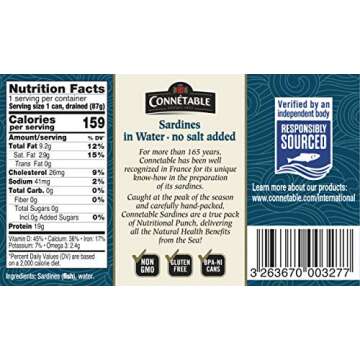 Sardines | Connetable | Sardines in Water | No salt added | 4.375 Ounce | Pack of 12