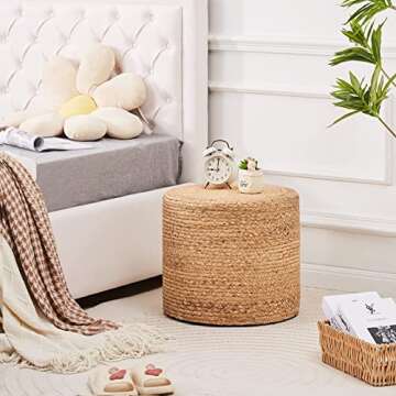 Wimarsbon 18'' Pouf Ottoman, Natural Braided Poof, Round Poufs, Rustic Handweave Lounge Pouffe, Boho Footrest Stool for Bedroom, Accent Table or Seat for Patio, Living Room (68LD)