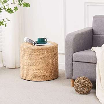 Wimarsbon 18'' Pouf Ottoman, Natural Braided Poof, Round Poufs, Rustic Handweave Lounge Pouffe, Boho Footrest Stool for Bedroom, Accent Table or Seat for Patio, Living Room (68LD)