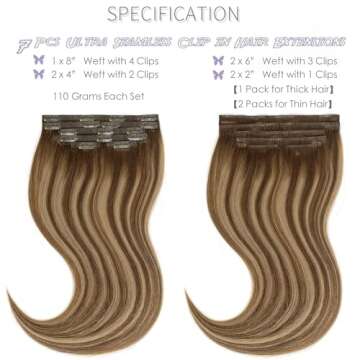 Lacer Hair Real Colored Clip in Hair Extensions Balayage Chocolate Brown to Caramel Blonde 18 Inch C...