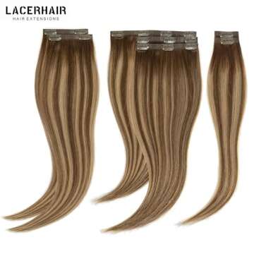 Lacer Hair Real Colored Clip in Hair Extensions Balayage Chocolate Brown to Caramel Blonde 18 Inch Clip in Invisible PU Skin Weft Remy Natural Thick Silky Straight Hair 7pcs 110g for Fashion Women