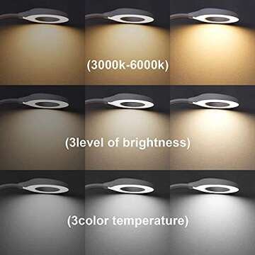 JKSWT Desk Lamp, Clip on Light Reading Light Ring Light LED with 3 Color Modes, 9 Brightness Dimmer, 60 pcs LEDs, Touch-Sensitive Control Pane, 360 ° Flexible Gooseneck Bed Light