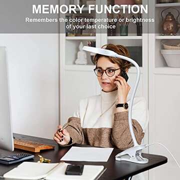 JKSWT Desk Lamp, Clip on Light Reading Light Ring Light LED with 3 Color Modes, 9 Brightness Dimmer, 60 pcs LEDs, Touch-Sensitive Control Pane, 360 ° Flexible Gooseneck Bed Light