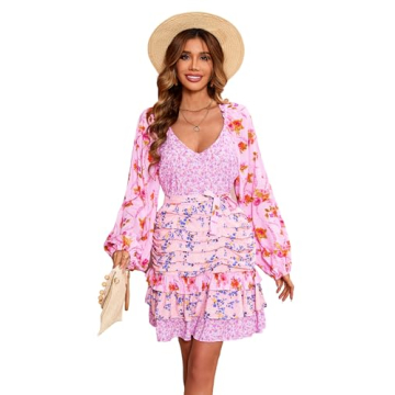 R.Vivimos Women's Summer Long Sleeve Boho Dress V Neck Floral Print Layered Ruffle Patchwork Casual ...