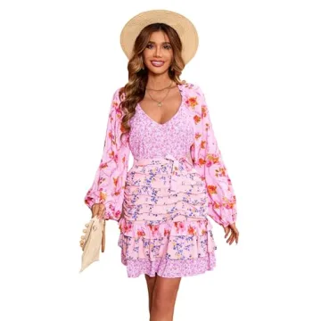 R.Vivimos Women's Summer Long Sleeve Boho Dress V Neck Floral Print Layered Ruffle Patchwork Casual ...
