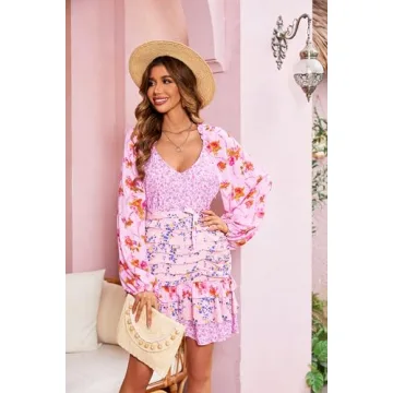 R.Vivimos Women's Summer Long Sleeve Boho Dress V Neck Floral Print Layered Ruffle Patchwork Casual Mini Sun Dress with Belt (Large, Pink)