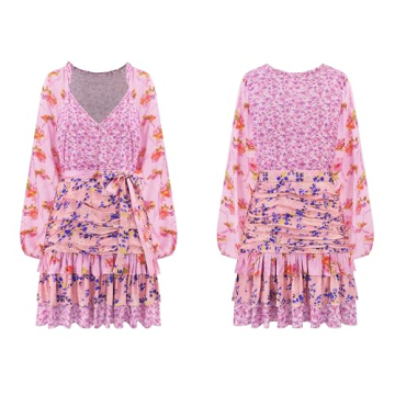R.Vivimos Women's Summer Long Sleeve Boho Dress V Neck Floral Print Layered Ruffle Patchwork Casual Mini Sun Dress with Belt (Large, Pink)