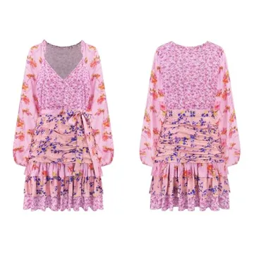 R.Vivimos Women's Summer Long Sleeve Boho Dress V Neck Floral Print Layered Ruffle Patchwork Casual Mini Sun Dress with Belt (Large, Pink)