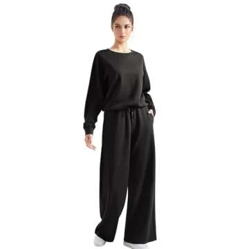 SUUKSESS Women Modal 2 piece outfits Oversized Sweatshirt Fall Lounge Set Wide Leg Pants Matching Sets (Black,S)
