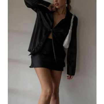 Argeousgor Women Satin 2 Piece Skirt Set Long Sleeve Button V Neck Blouse Shirts Mini Skirts Elegant Suit Outfits Clubwear B-black