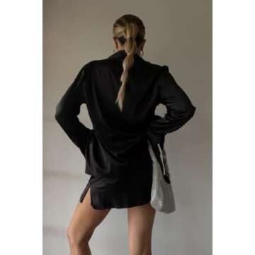 Argeousgor Women Satin 2 Piece Skirt Set Long Sleeve Button V Neck Blouse Shirts Mini Skirts Elegant Suit Outfits Clubwear B-black