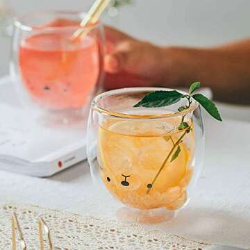 HwaGui - Cute Cup Double Wall Glass Mug, Glass Espresso Cup, Coffee Cup, Tea Cup, Perfect Birthday And Holiday Gift, Bear Cup 250ml/8.4oz