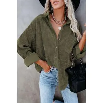 Magritta Womens Blouse with Pockets Stylish Corduroy Jacket Solid Color Loose Fit Long Sleeve V Neck Roll Up Button Down Shirt Shacket Tops Olive Green Small