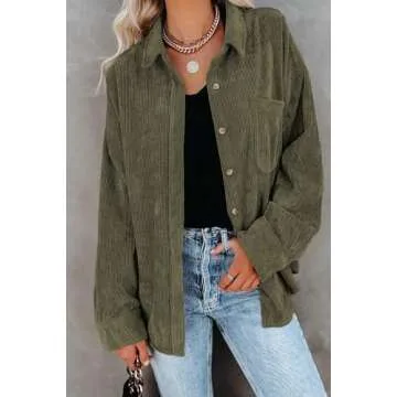 Magritta Womens Blouse with Pockets Stylish Corduroy Jacket Solid Color Loose Fit Long Sleeve V Neck Roll Up Button Down Shirt Shacket Tops Olive Green Small