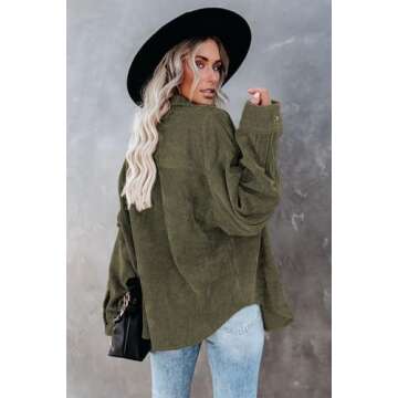 Magritta Womens Blouse with Pockets Stylish Corduroy Jacket Solid Color Loose Fit Long Sleeve V Neck Roll Up Button Down Shirt Shacket Tops Olive Green Small